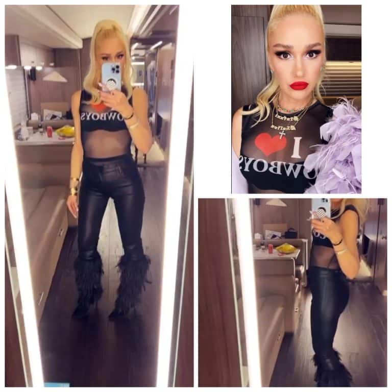 Gwen Stefani Flaunts Tiny Bra In Sheer Top Tight Leather Pants