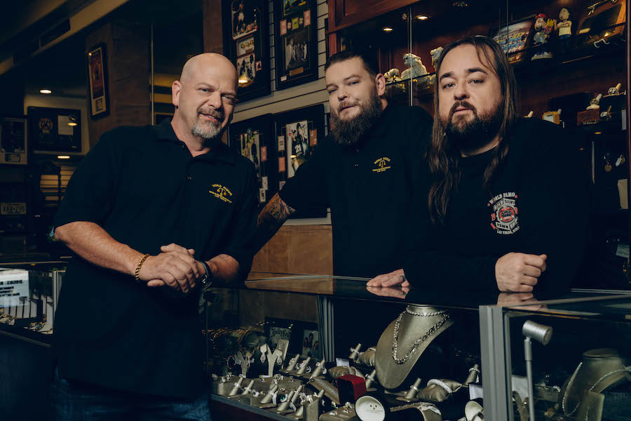 Pawn Stars L to R: Rick Harrison, Corey Harrison and Chumlee Russell from HISTORY's "Pawn Stars." Photo by Clarke Tolton Copyright 2021