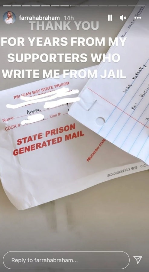 Farrah Abraham Shares Letters From Behind Bars [Credit: Farrah Abraham/Instagram Stories]