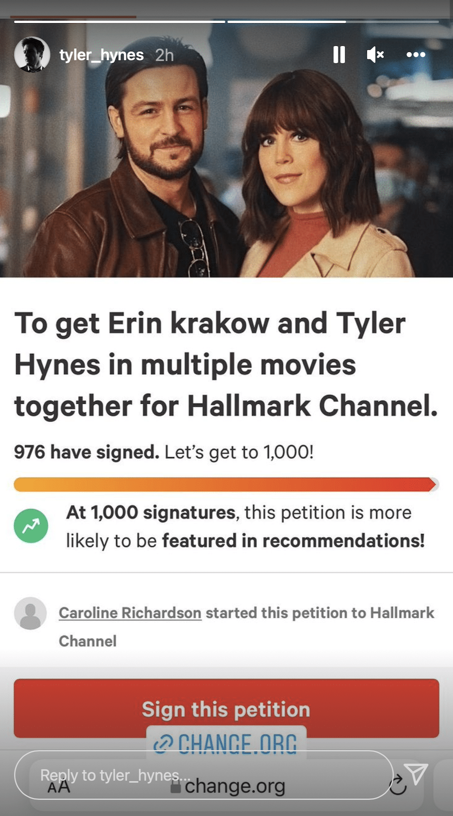 Hallmark, Change.org for Tyler Hynes, Erin Krakow-https://www.instagram.com/tyler_hynes/
