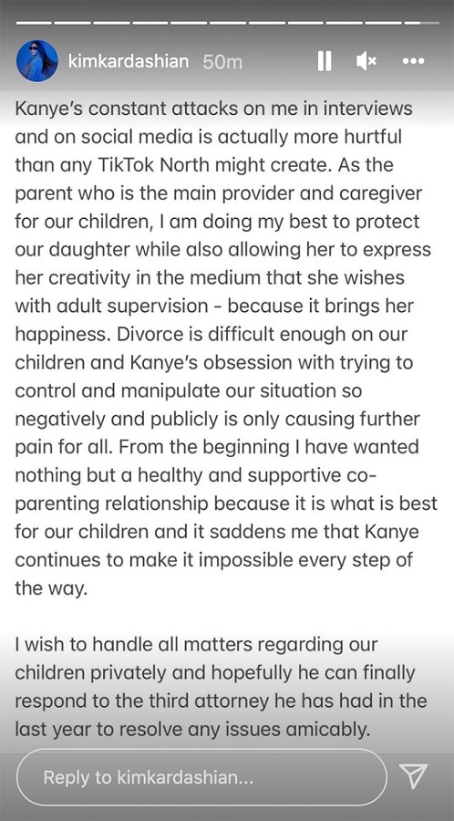 Kim Kardashian Responds To Kanye West [Credit: Kim Kardashian/Instagram Stories]