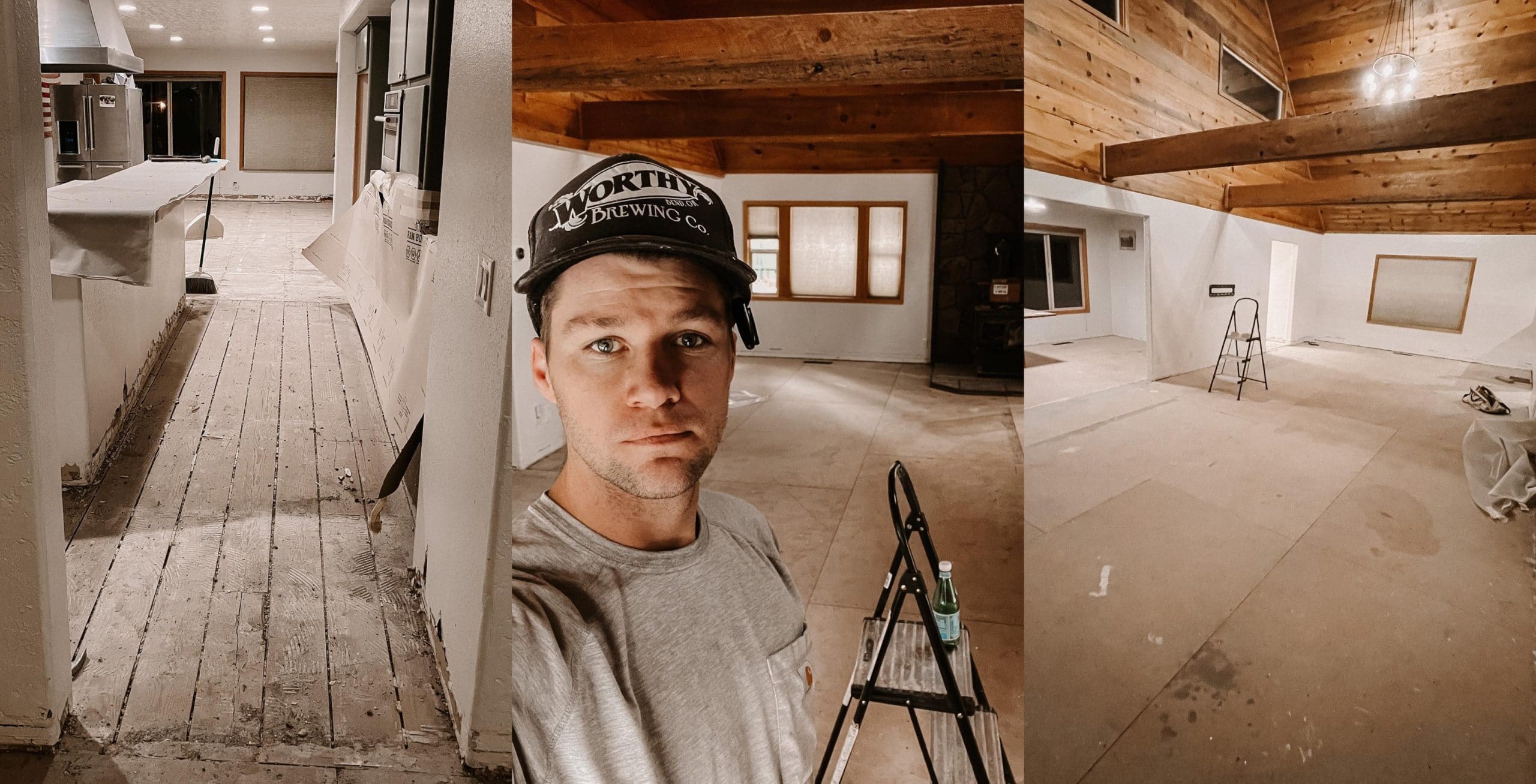 Three photos of house construction