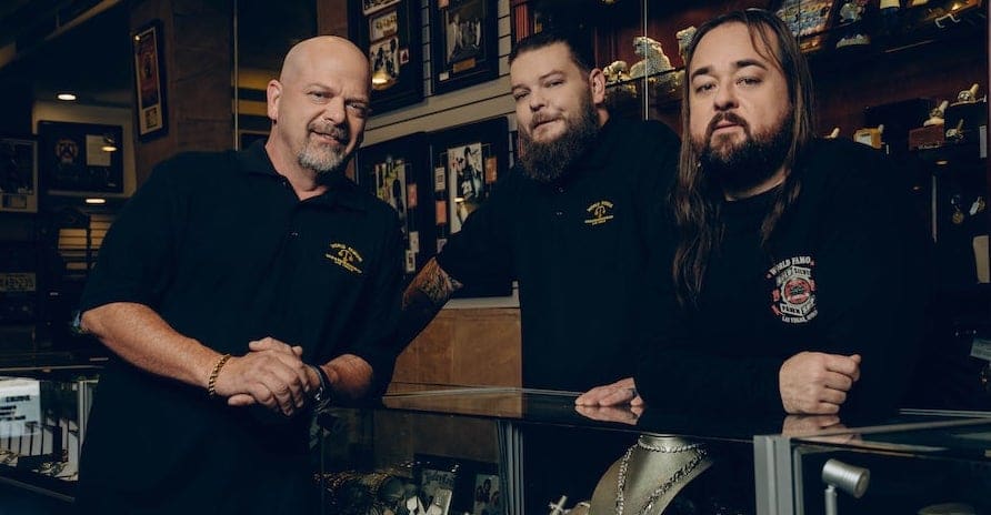 L to R: Rick Harrison, Corey Harrison and Chumlee Russell from HISTORY's "Pawn Stars." Photo by: Clarke Tolton Copyright: 2020 PREVIEW