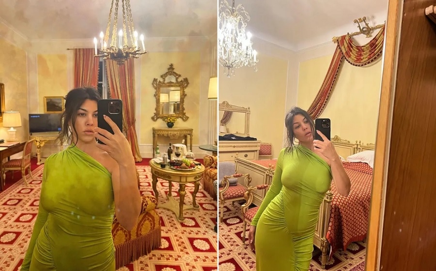 Kourtney Kardashian va sin sostén en vestido verde [Credit: Kourtney Kardashian/Instagram]
