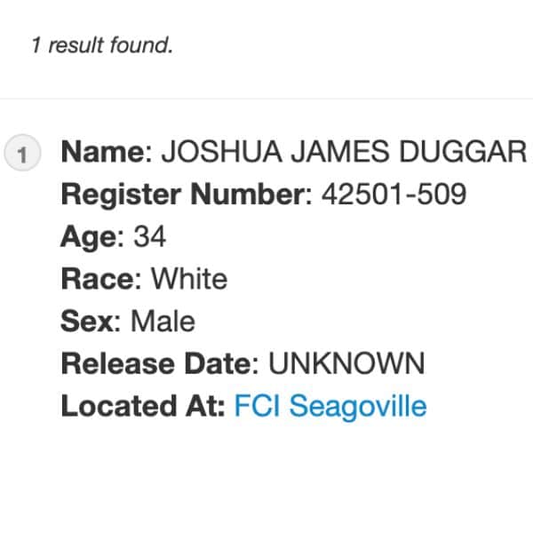 Josh Duggar, Bureau of Prisons