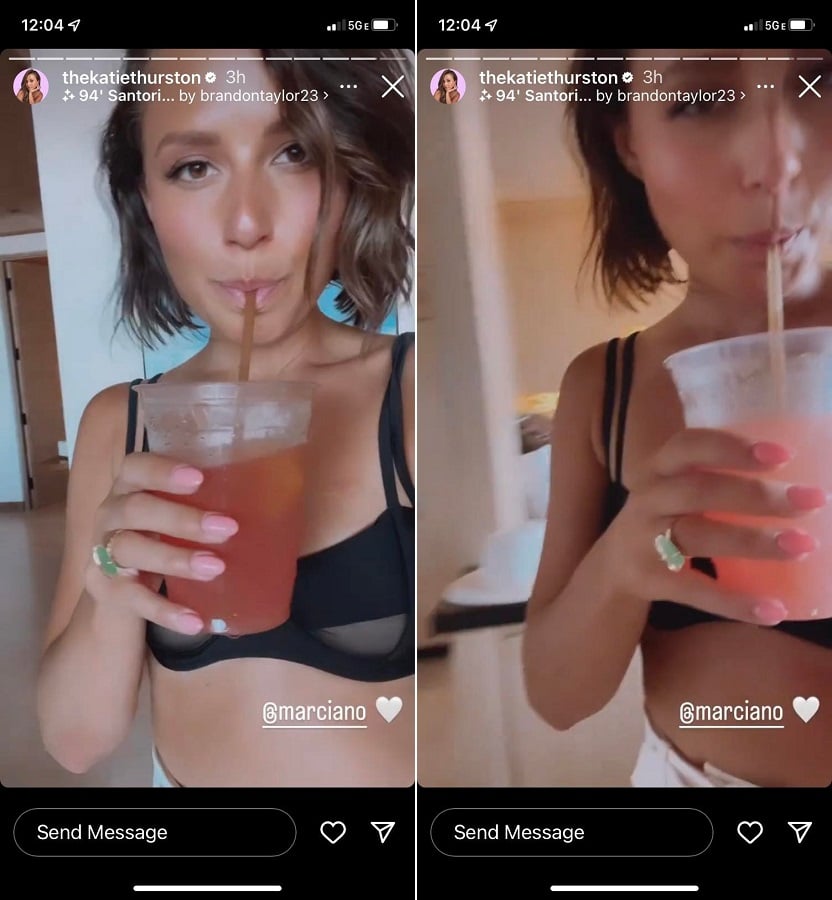 Katie Thurston Sipping On Drink In Black Bra [Katie Thurston | Instagram Stories]