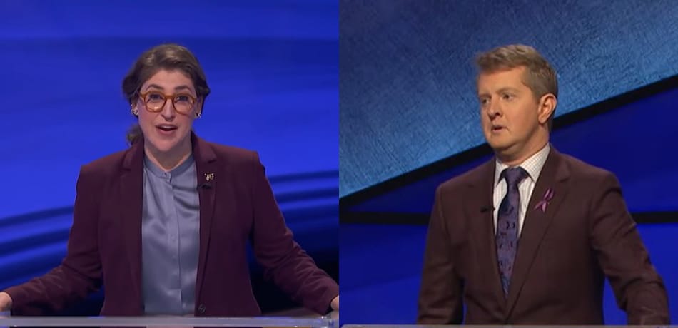 Mayim Bialik and Ken Jennings as Jeopardy! hosts
