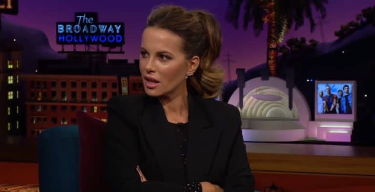 Kate Beckinsale Flaunts Long Legs In Orange & White Bikini [The Late Late Show With James Corden | YouTube]