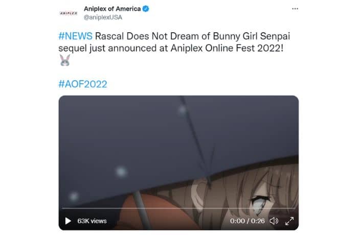 Aniplex Online Fest 2022 Twitter post Rascal Does Not Dream of Bunny Girl Senpai