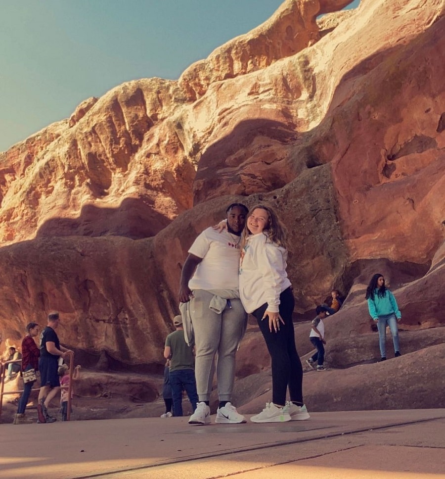 Alana Thompson and Dralin Carswell pose at the Red Rocks Park and Amphitheatre.