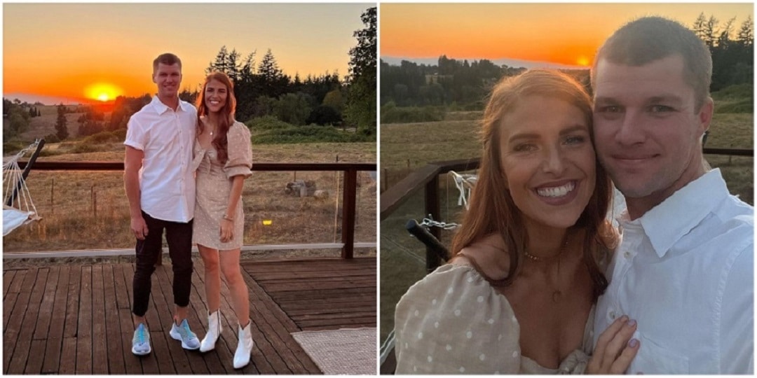 Side-by-side romantic photos of Audrey and Jeremy Roloff at sunset.