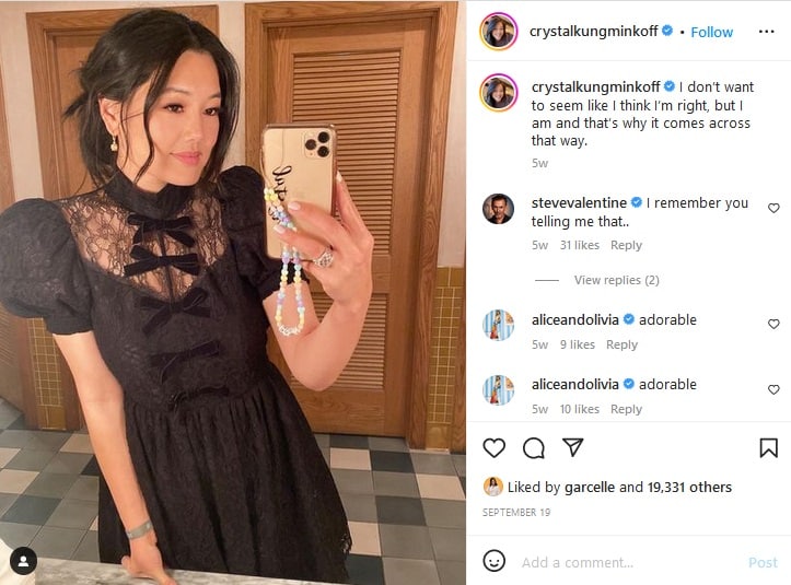 Crystal Kung-Minkoff Wears Black Lace Dress [Crystal Kung-Minkoff | Instagram]