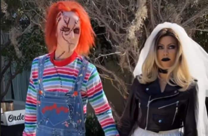 Kourtney Kardashian and Travis Barker dressed as Tiffany and Chucky Halloween 2022 - Instagram/Khloe Kardashian