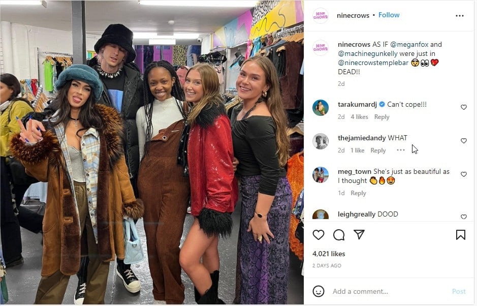 Instagram screengrab of Machine Gun Kelly and Megan Fox at the Nine Crows vintage clothes shop.