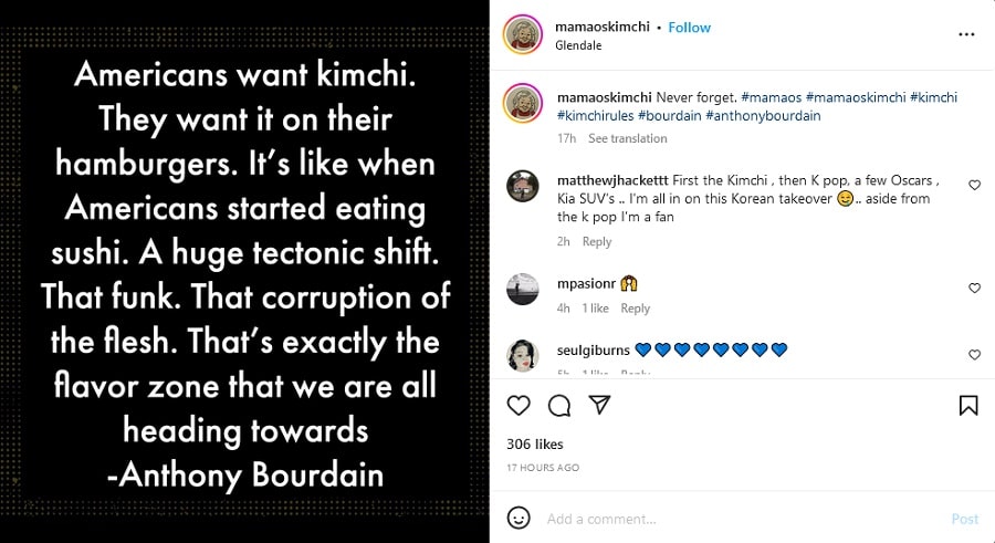 Mama O's Kimchi Shares Quote From Anthony Bourdain [Mama O's Kimchi | Instagram]