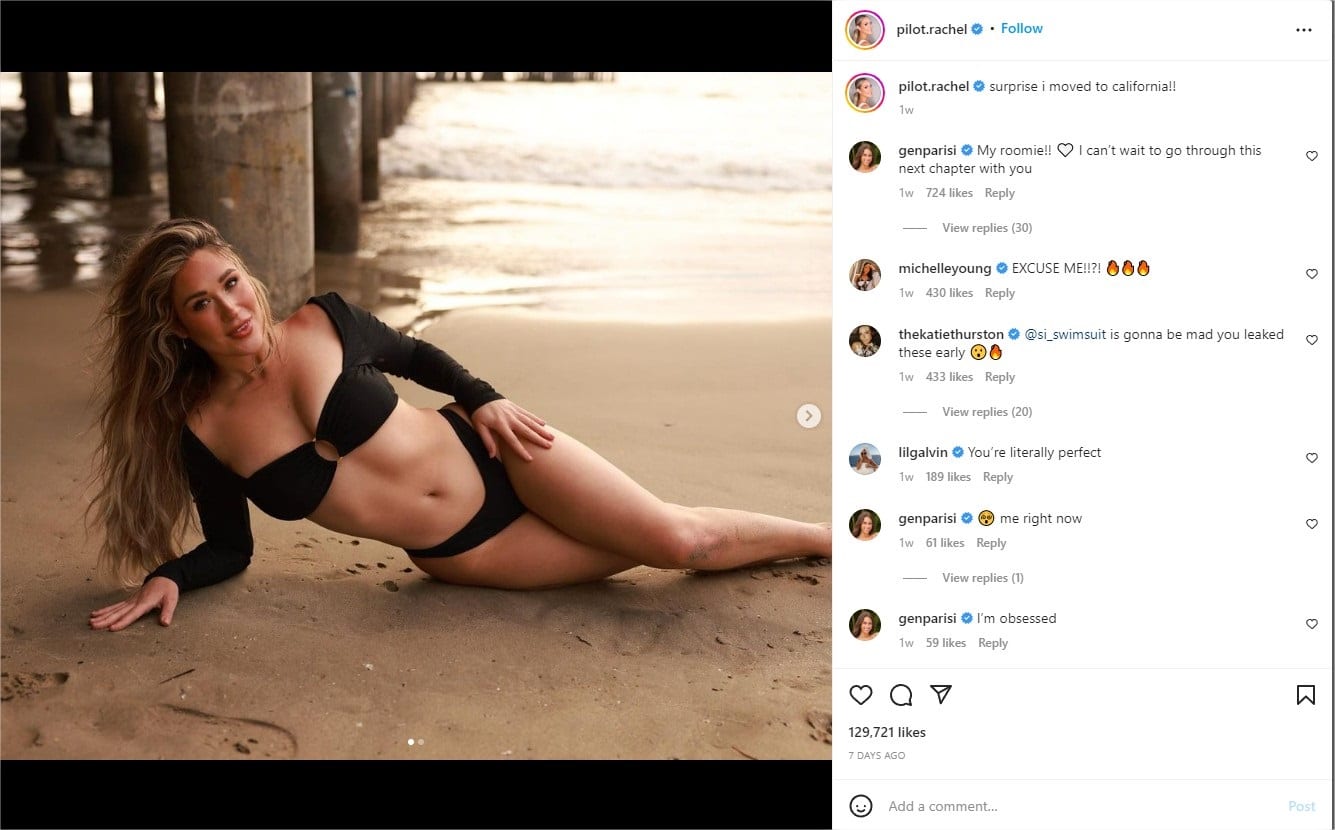 Rachel Recchia sprawls on a beach in a sexy black bikini.