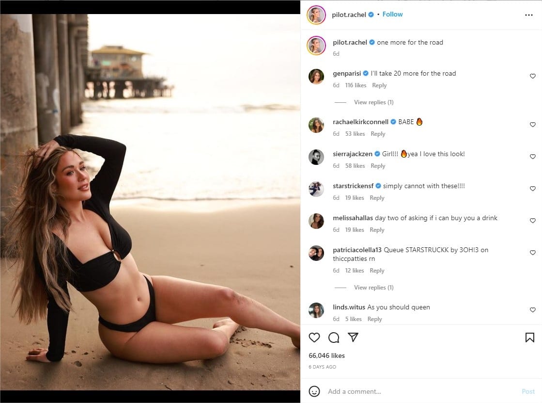 Rachel Recchia poses on the beach in a sexy black bikini.
