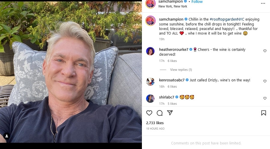 Sam Champion Sits On Rooftop [Sam Champion | Instagram]