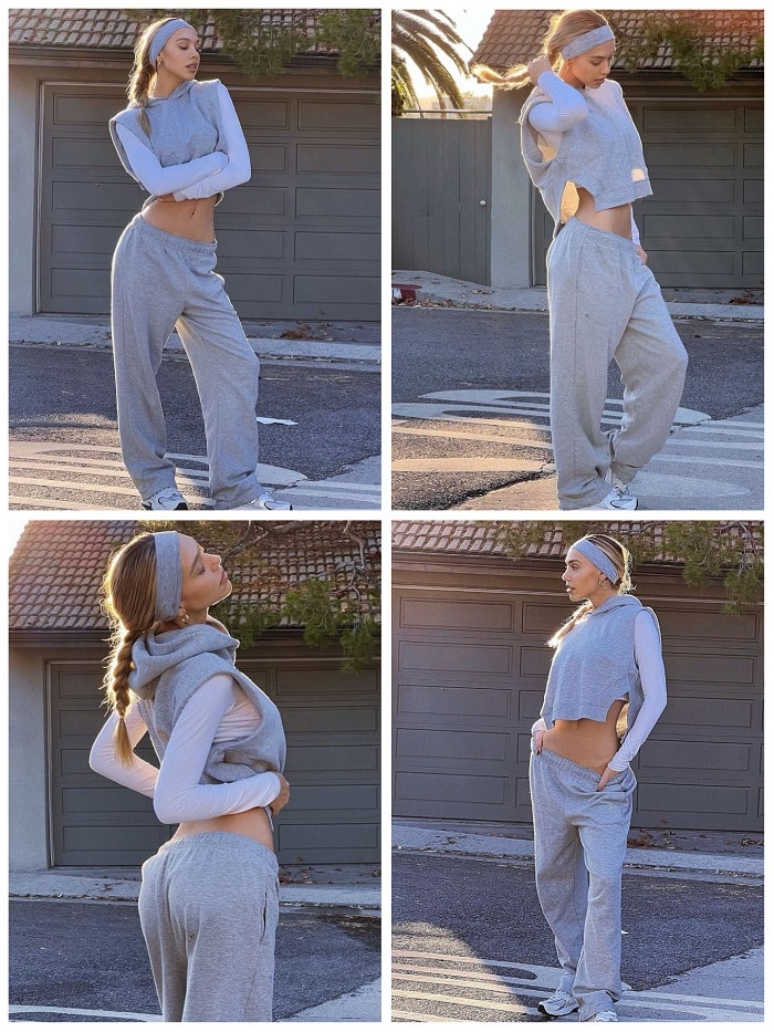 Four-photo collage of Alexis Ren in gray loungewear.