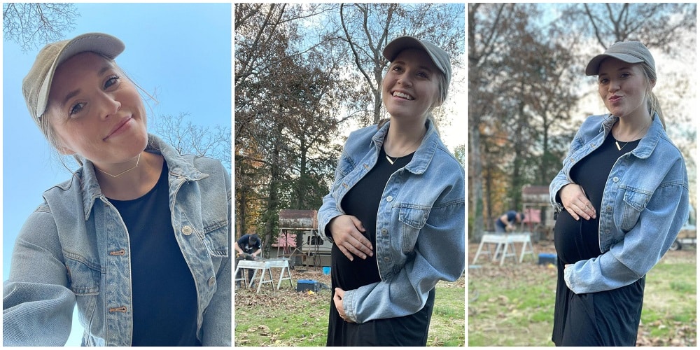 Three-photo collage of Joy Forsyth in a black dress and denim jacket.