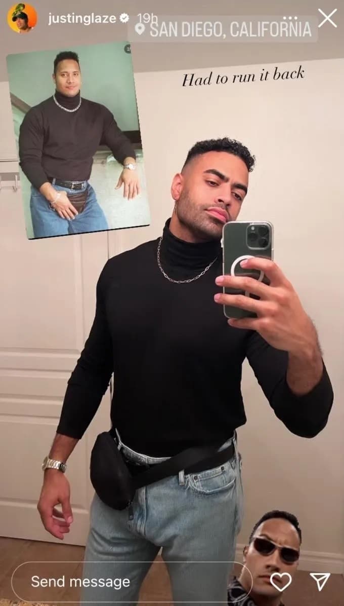 Justin Glaze snaps a mirror selfie in The Rock outfit for Halloween.