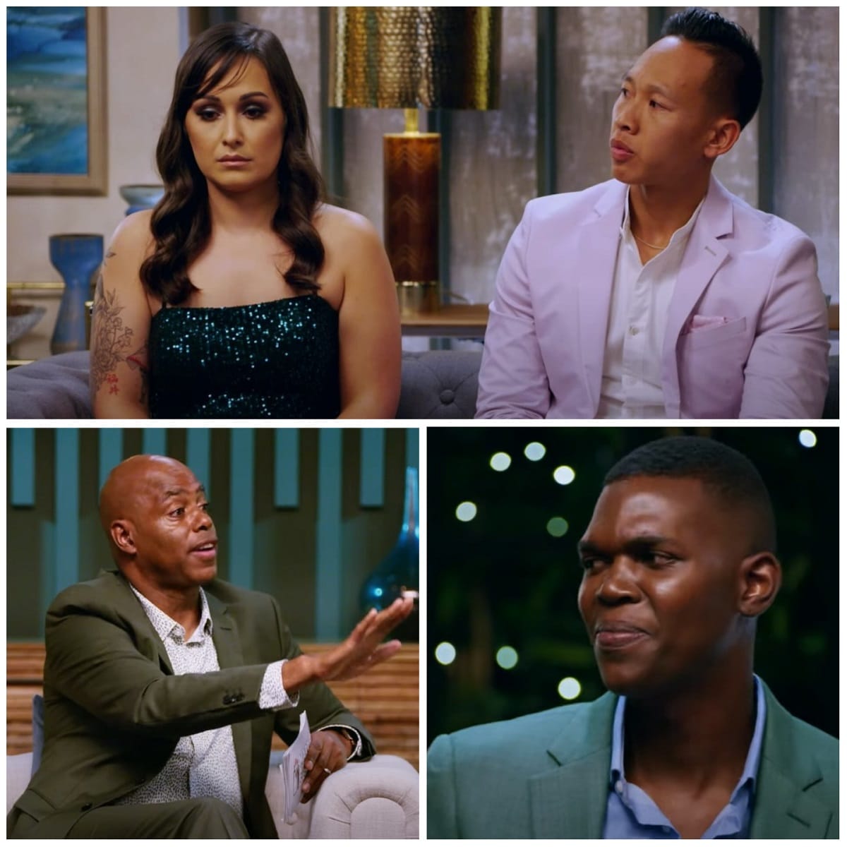 Side-by-side stills of Morgan Bell, Binh Trinh, Kevin Frazier, and Justin Davis at the 'MAFS' Season 15 Reunion.