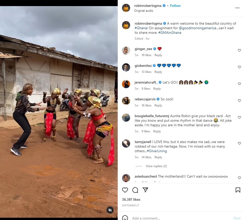 Instagram screenshot of Robin Roberts dancing with traditional West African dancers.