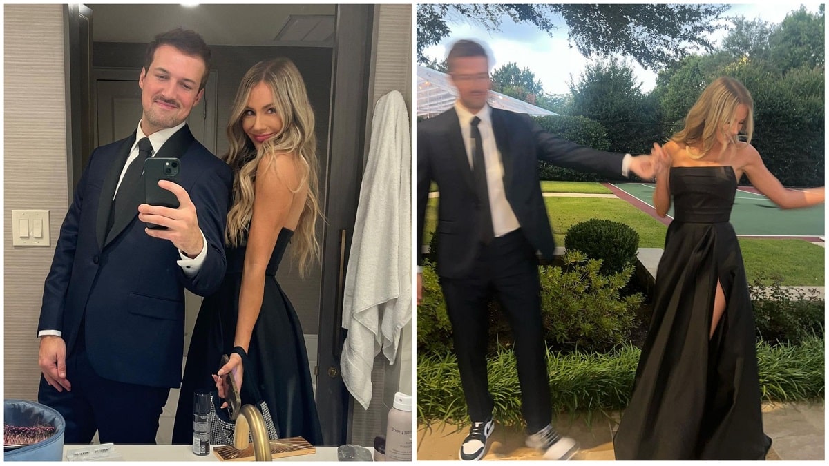 Two-photo collage of Victoria Paul and her partner at Madison Prewett's wedding.