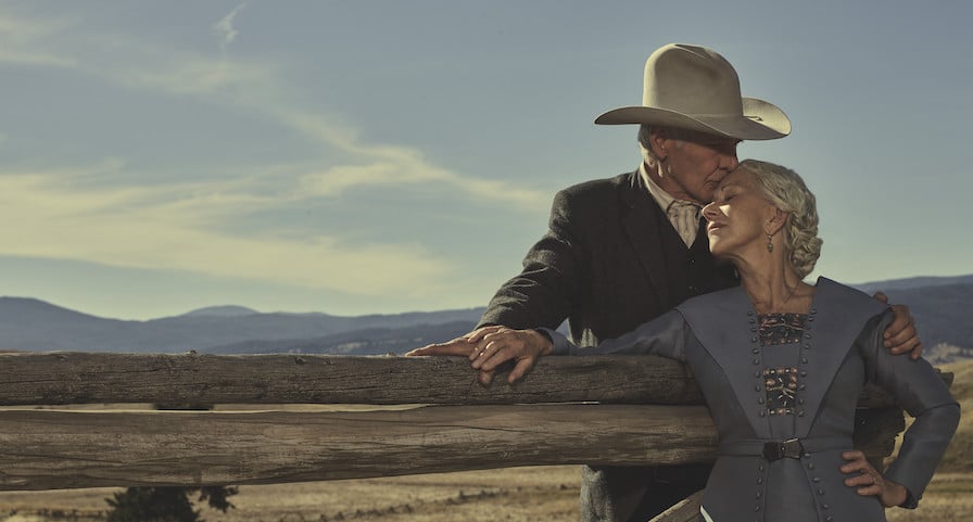 Harrison Ford as Jacob Dutton and Helen MIrren as Cara Dutton in 1923 streaming on Paramount+ 2022. Photo Credit: James Minchin III/Paramount+