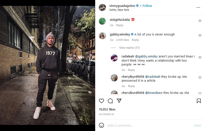 Gabby's Comment On Vinny's Instagram [Vinny Guadagnino | Instagram]