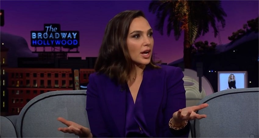Gal Gadot in a purple blazer on 'The Late Late Show with James Corden.'