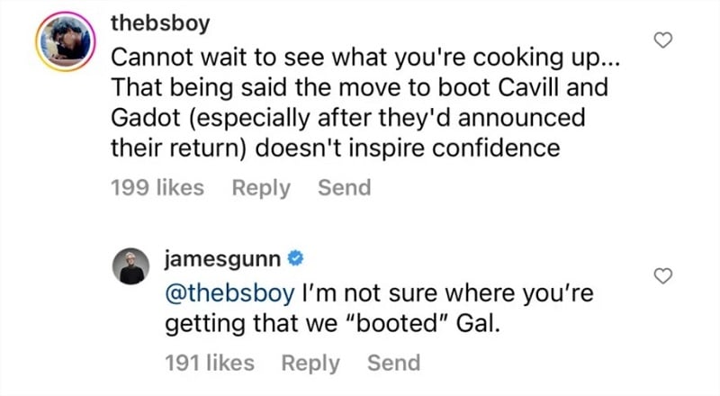 Screenshot of James Gunn's Instagram comment.