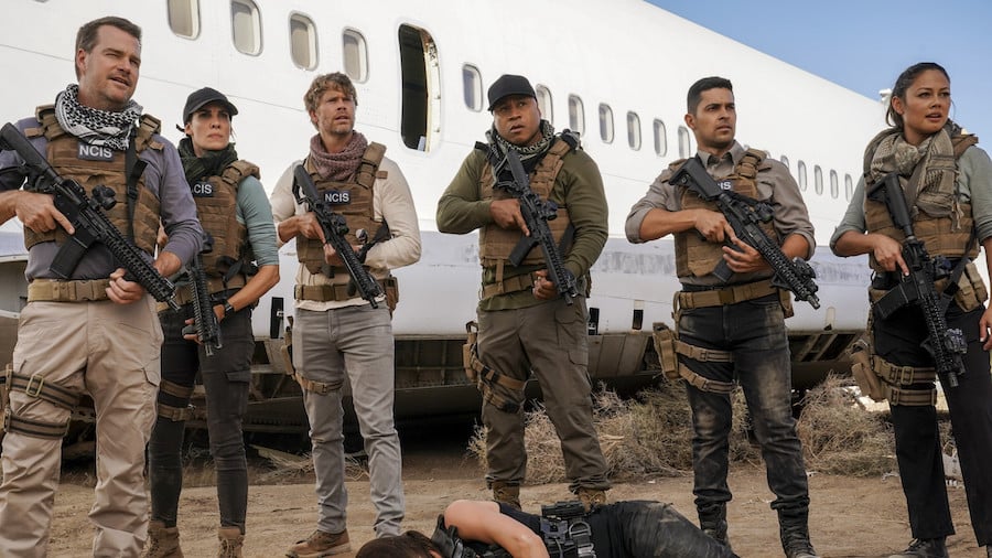 NCIS Los Angeles Pictured (L-R): Chris O'Donnell (Special Agent G. Callen), Daniela Ruah (Special Agent Kensi Blye), Eric Christian Olsen (LAPD Liaison Marty Deeks), LL COOL J (Special Agent Sam Hanna), Wilmer Valderrama (NCIS Special Agent Nicholas “Nick” Torres) and Vanessa Lachey (Jane Tennant). Photo: Michael Yarish/CBS ©2022 CBS Broadcasting, Inc. All Rights Reserved.