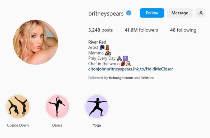 Britney Spears Instagram Page Bio - Instagram