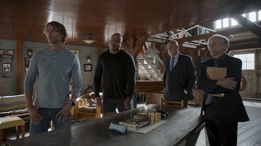 NCIS Los Angeles Pictured (L-R): Eric Christian Olsen (LAPD Liaison Marty Deeks), LL COOL J (Special Agent Sam Hanna) and Gerald McRaney (Retired Admiral Hollace Kilbride). Photo Credit: CBS ©2022 CBS Broadcasting, Inc. All Rights Reserved.