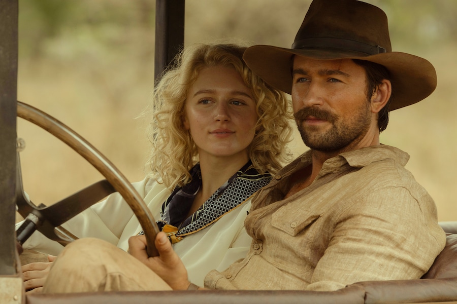 Julia Schlaepfer as Alexandra and Brandon Sklenar as Spencer Dutton of the Paramount+ series 1923. Photo Cr: Emerson Miller/Paramount+ © 2022 Viacom International Inc. All Rights Reserved.