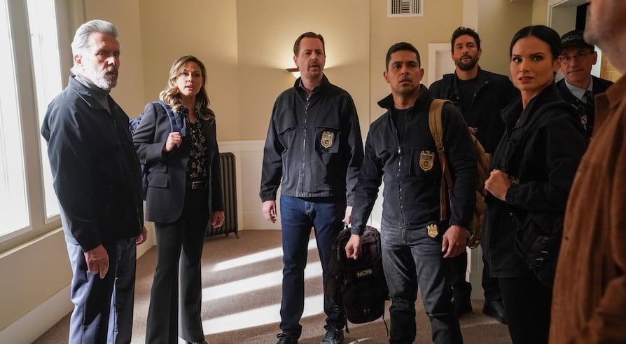 Pictured: Gary Cole as FBI Special Agent Alden Parker, Vanessa Lachey as Jane Tennant, Sean Murray as Special Agent Timothy McGee, Wilmer Valderrama as Special Agent Nicholas “Nick” Torres, Noah Mills as Jesse Boone, Katrina Law as NCIS Special Agent Jessica Knight, and Brian Dietzen as Jimmy Palmer. Photo: Sonja Flemming/CBS ©2022 CBS Broadcasting, Inc. All Rights Reserved.