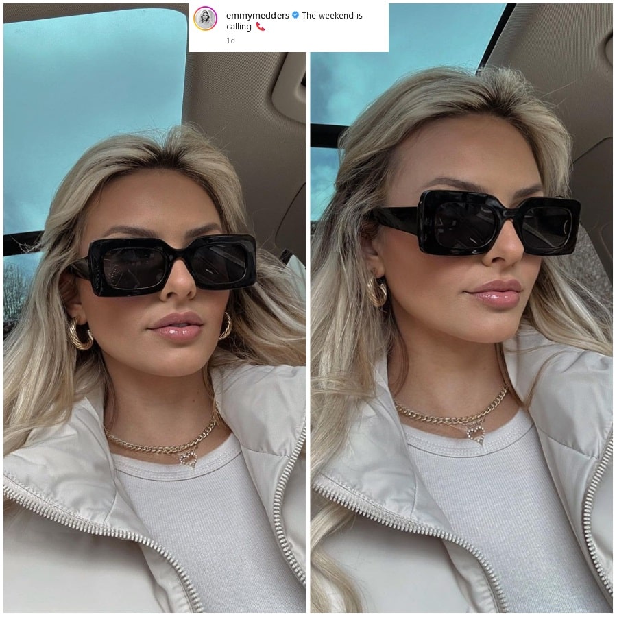 Emmy Medders Wears Coat & Sunnies [Source: Emmy Medders - Instagram]