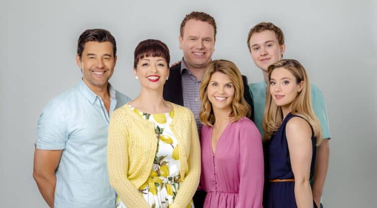 Hallmark Garage Sale Mysteries Photo: Steve Bacic, Sarah Strange, Kevin O'Grady, Lori Loughlin, Connor Stanhope, Eva Bourne Credit: Copyright 2018 Crown Media United States LLC/Photographer: Sven Boecker