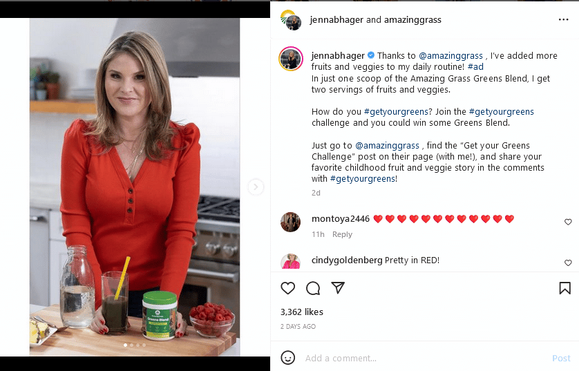 Jenna Bush Hager Promotes Amazing Greens [Amazing Greens Ad | Instagram]
