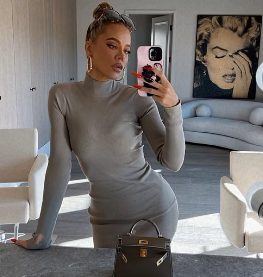 Khloe Kardashian Wears Gray Turtleneck Dress [Source: Khloe Kardashian | Instagram]