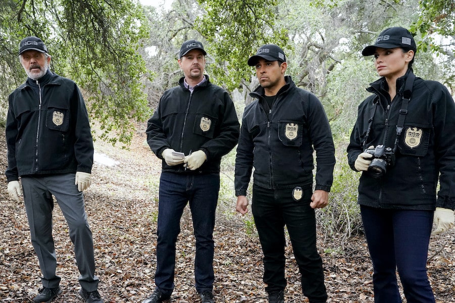 Pictured: Gary Cole as FBI Special Agent Alden Parker, Wilmer Valderrama as Special Agent Nicholas “Nick” Torres, Sean Murray as Special Agent Timothy McGee, and Katrina Law as NCIS Special Agent Jessica Knight. Photo: Robert Voets/CBS ©2023 CBS Broadcasting, Inc. All Rights Reserved.