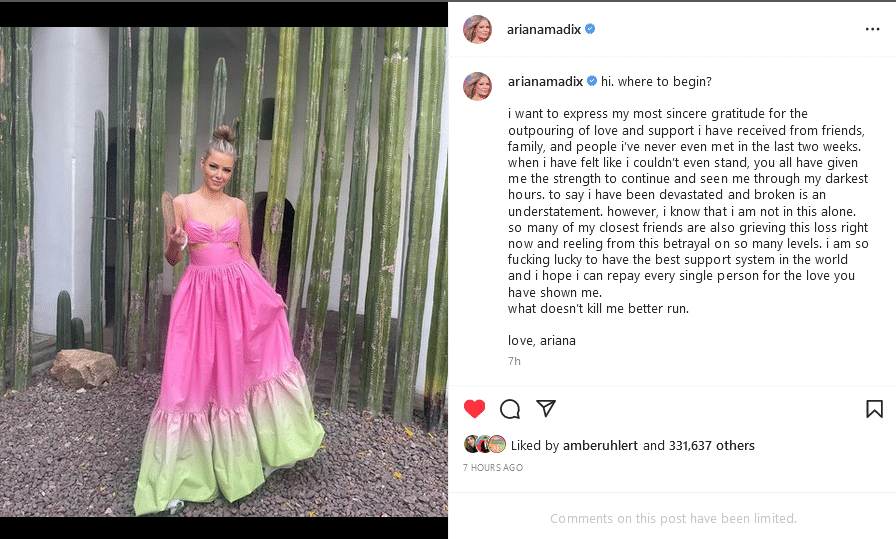 Ariana Madix Shares Statement [Source: Ariana Madix - Instagram]