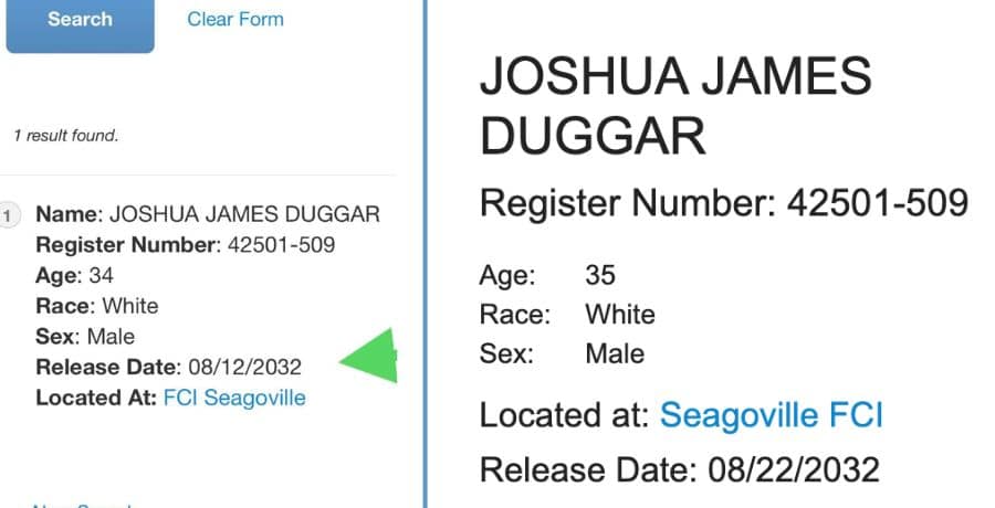 Josh Duggar prison release date - Bureau of Prisons