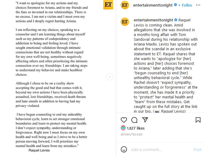 Raquel Leviss' Statement [Source: Entertainment Tonight - Instagram]