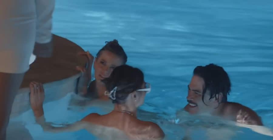 Ariana Madix, Raquel Leviss and Tom Sandoval in the pool [Source: YouTube]