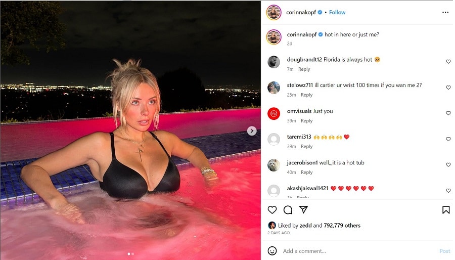 Corinna Kopf Wears Bra In Hot Tub [Source: Corinna Kopf - Instagram]