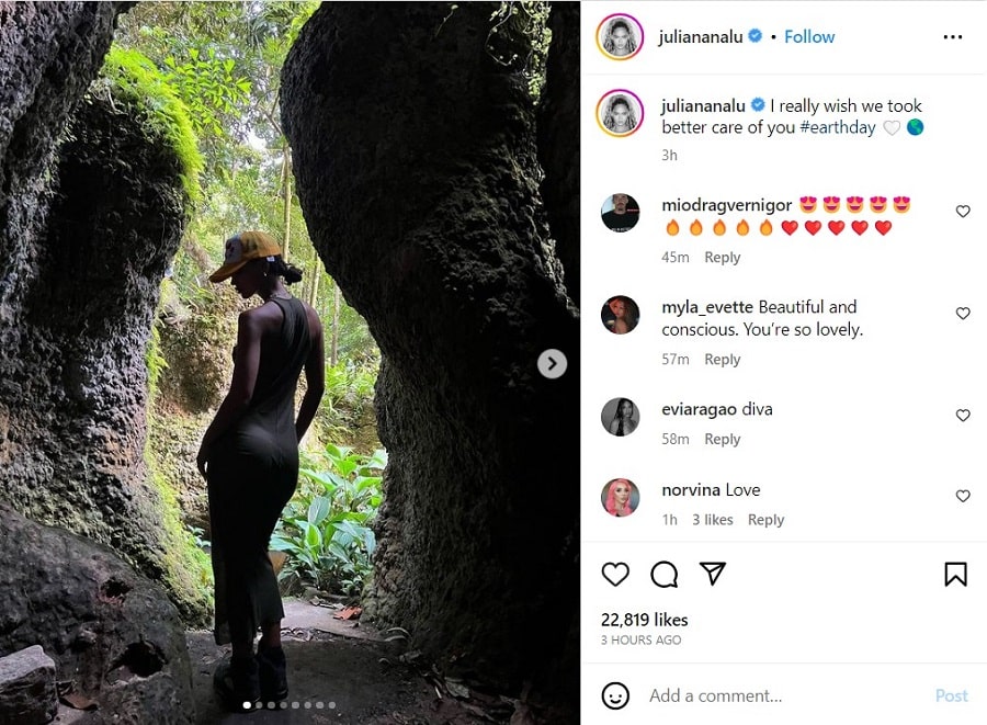 Juliana Nalu Wears Sheer Dress In Nature [Source; Juliana Nalu - Instagram]