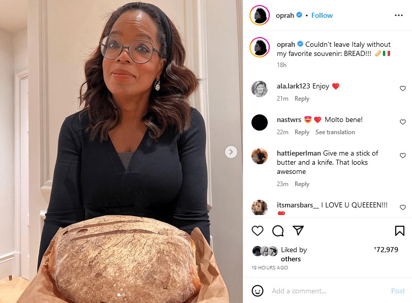 Oprah Winfrey Flaunts Loaf Of Bread [Source: Oprah Winfrey - Instagram]