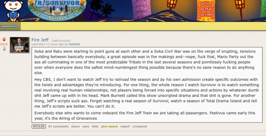 fire jeff survivor reddit post